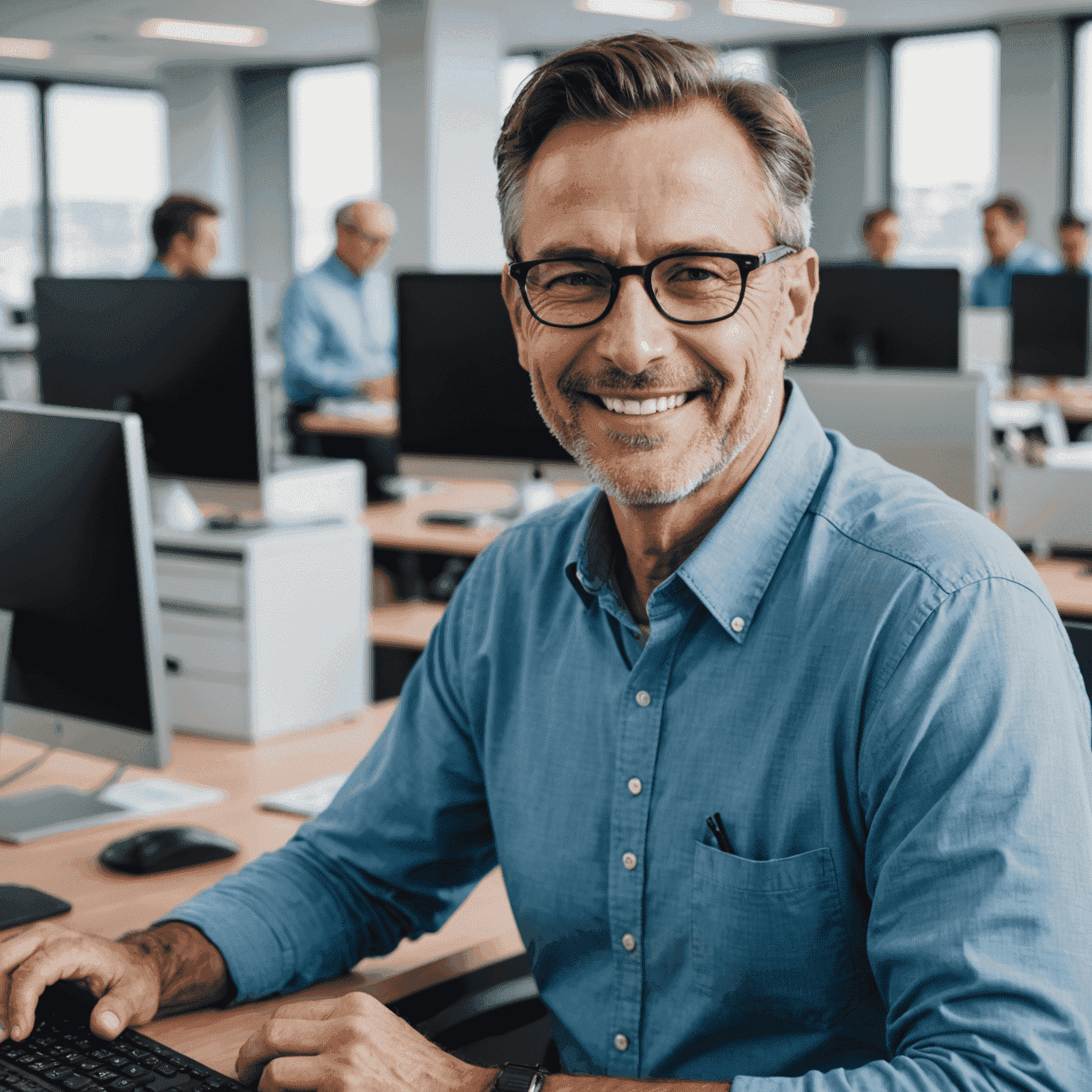 Immagine di un uomo di mezza età con occhiali, sorridente, in una camicia blu, seduto davanti a un computer in un ufficio moderno