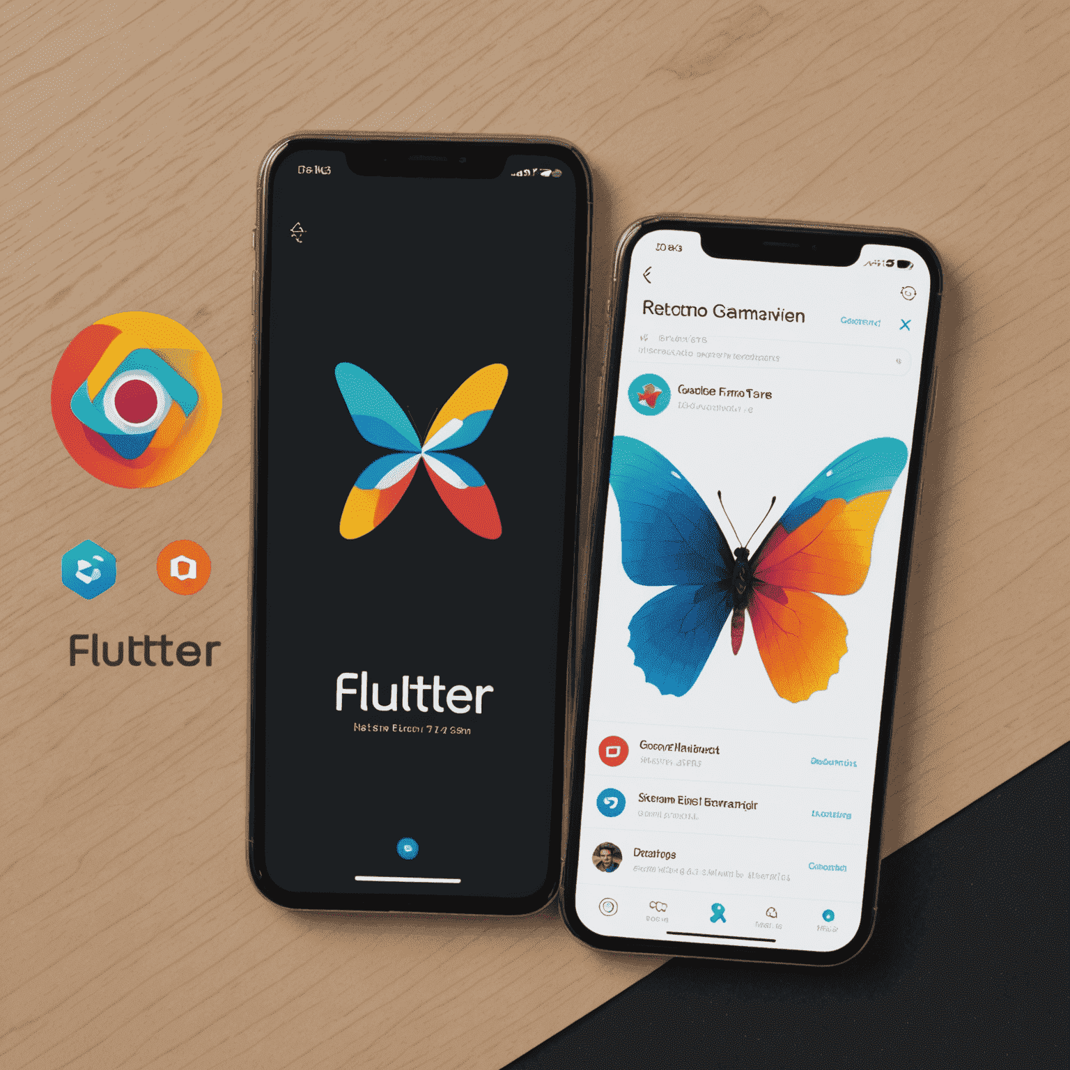 Confronto visivo tra React Native e Flutter, mostrando i loghi di entrambi i framework e alcuni esempi di interfacce utente create con ciascuno