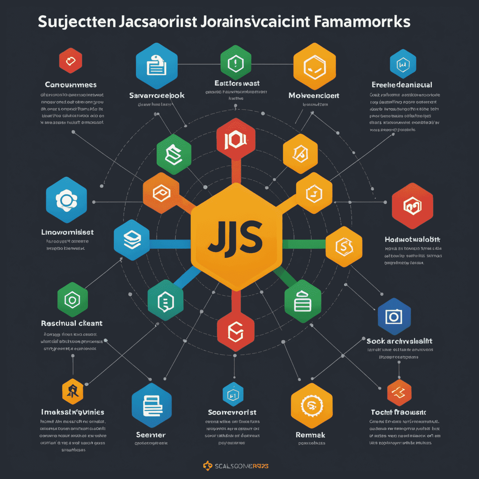 Infografica che mostra i vantaggi dei framework JavaScript moderni, con icone per produttività, prestazioni, comunità e scalabilità