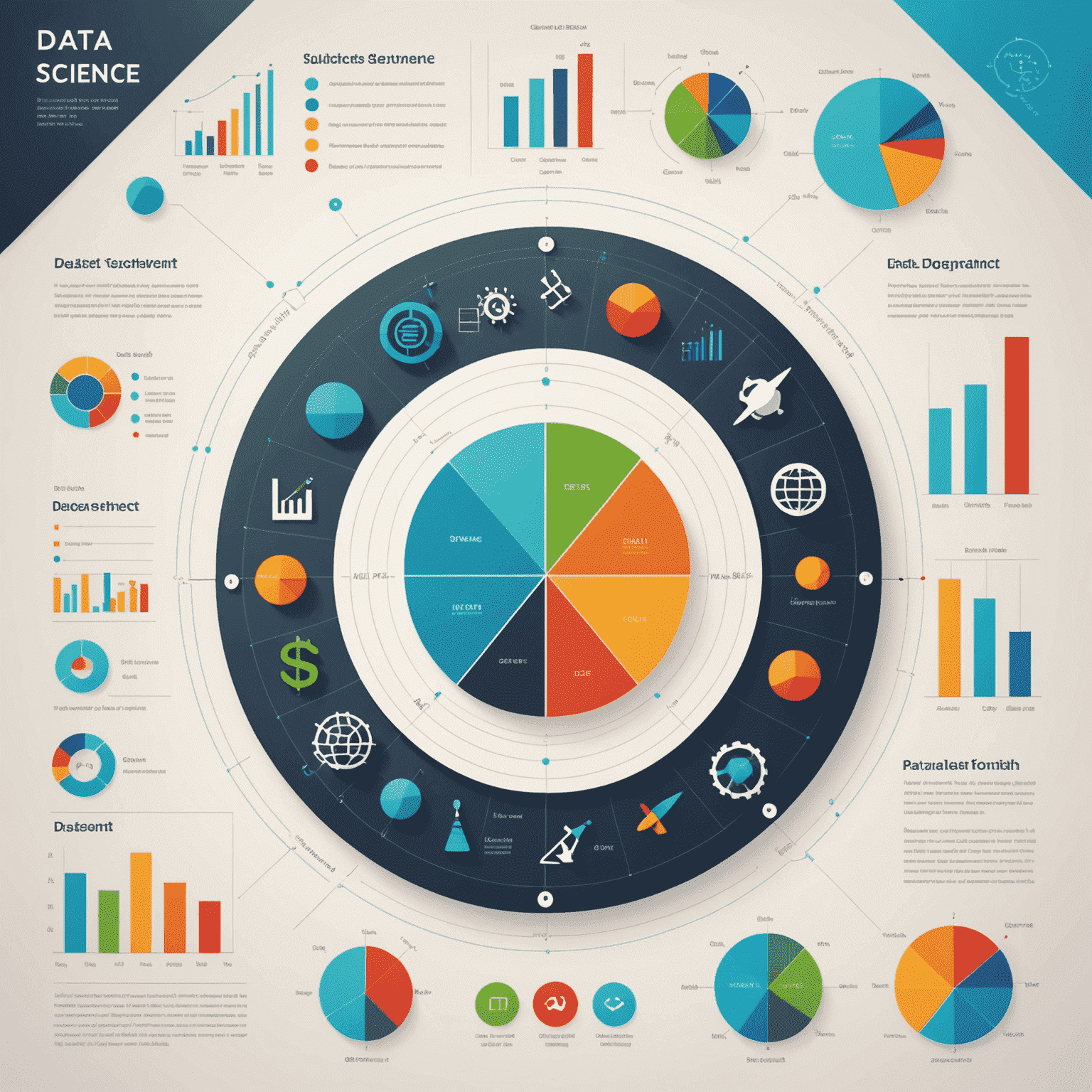 Immagine che illustra i concetti fondamentali della scienza dei dati, con grafici, diagrammi e icone di strumenti di analisi